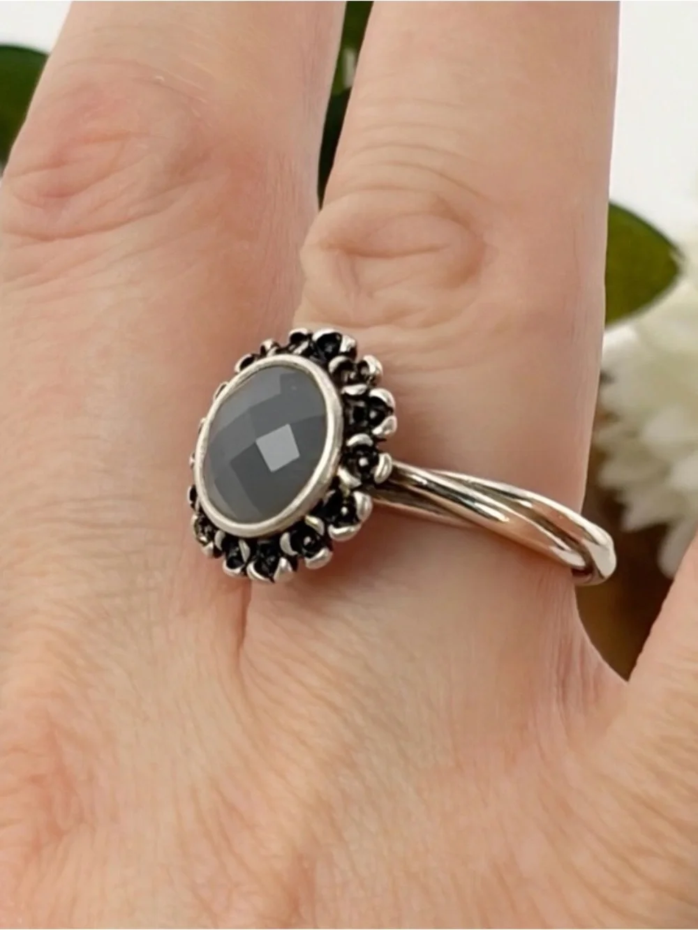 Pandora Sterling Silver 925 Grey Moonstone Flower Ring Size 7.25 7.5 or so